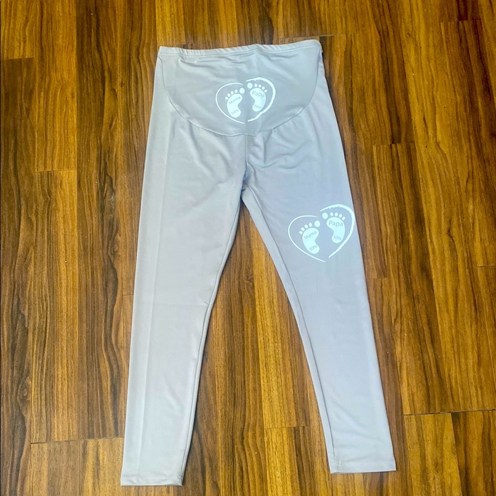 Size Large Maternity Leggings with 50% Mama & 50% Papa Heart Footprint Graphic